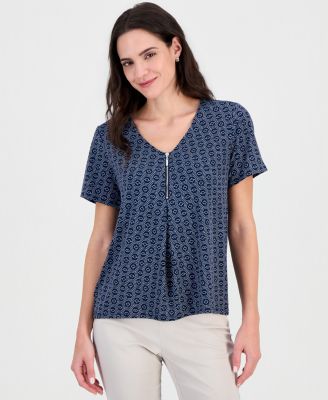 Women's Printed Front Zipper V-Neck Top