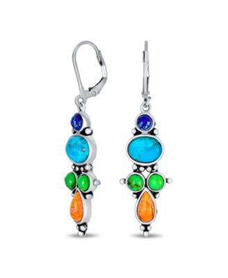 Western Style Multicolor Lapis Turquoise Coral Dangle Earrings Sterling Silver Lever Back