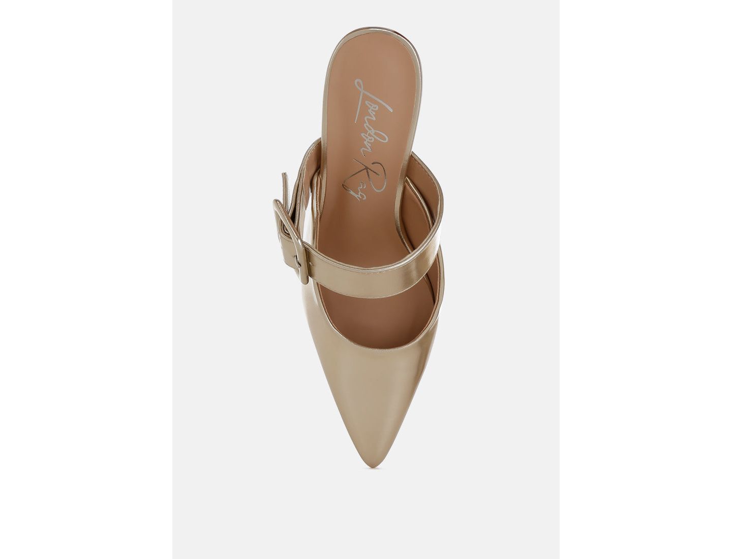 Женские сабо London Rag Bismi Large Buckle Kitten Heel Mules, цвет: Золотая искусственная кожа — фото 4