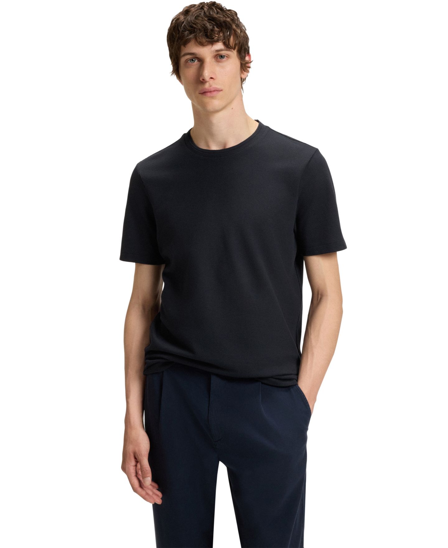 Мужская футболка Hugo Boss Cotton-Blend Bubble-Jacquard Structure, цвет: Чёрный — фото 1