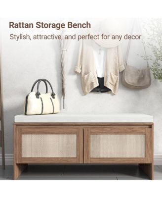 Rattan Entryway Bench, Wooden Bench with Storage and Cushion Seating for Bedroom, Hallway
