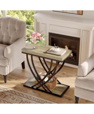 Side Table Set of 2, 2-Tier Narrow End Table for Living Room, Industrial Nightstand with Metal Frame, Small Bedside Tables