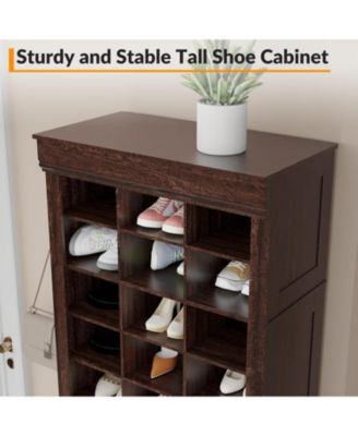 10 Tier Tall Shoe Cabinet with Boot Racks 27 Cubbies Freestanding Narrow Wooden Organizer