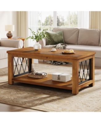 47.2" Solid Wood Coffee Table, Farmhouse Rectangular Center Table, 2-Tier Low Cocktail Tea Table