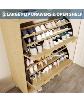 Fluted Shoe Storage Cabinet for Entryway with 2 Flip Drawers and Adjustable Shelves 48 inch Tall Freestanding Narrow Wood Shoe