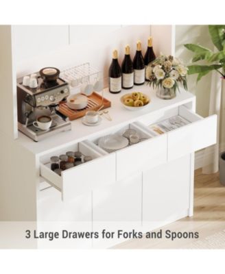 Modern Pantry Cabinet with LED Lights and Charging 8 Shelves 3 Drawers