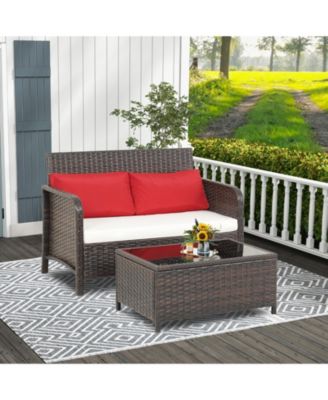 2PCS Patio PE Wicker Rattan Loveseat Sofa Set w/ Coffee Table and Cushions