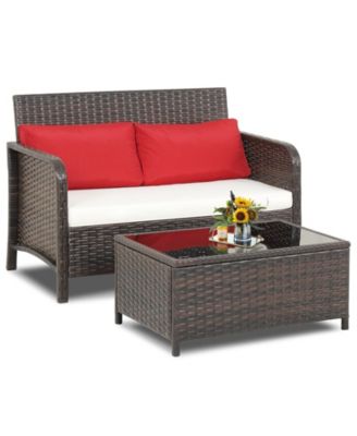 2PCS Patio PE Wicker Rattan Loveseat Sofa Set w/ Coffee Table and Cushions