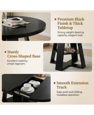 Extendable Round Dining Table for 4-8 People with Storage Shelf