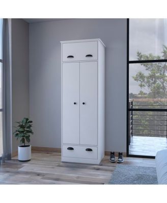Dumas Armoire Bedroom Storage Organizer with Double Doors Hanging Rod and Two Drawers