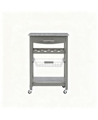 Granite top pine kitchen storage cart with casters and drawers