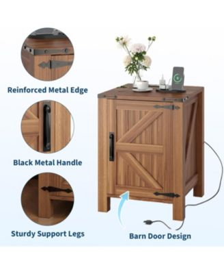 Bedside Tables Set of 2 with USB Charging Station – Rustic Wooden Bedside Tables with Sliding Barn Door, Adjustable Shelf