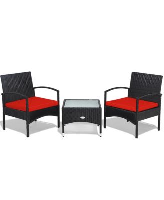 3 PCS Patio Wicker Rattan Furniture Set Coffee Table & 2 Rattan Chair w/ Cushion