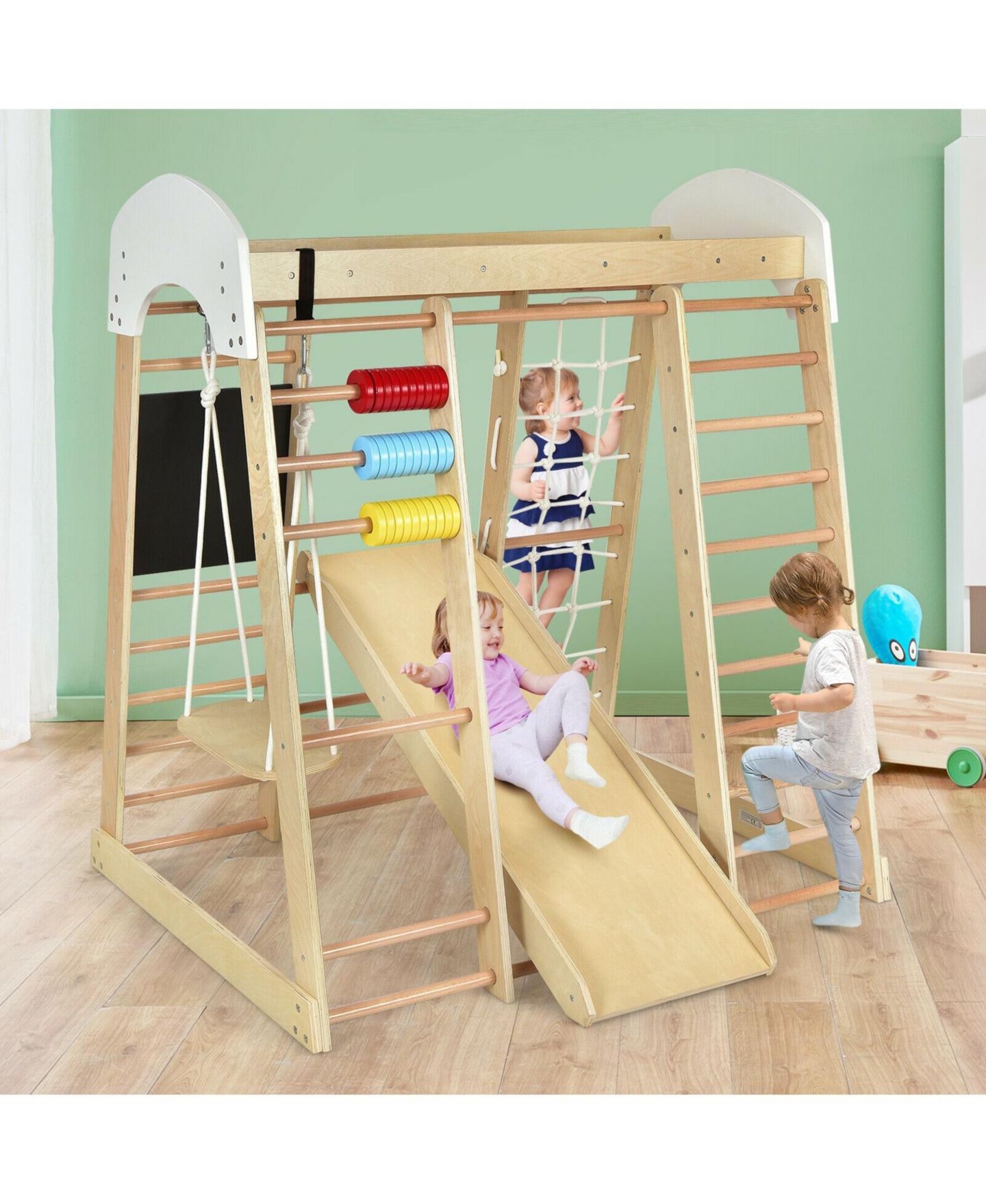 Детский игровой набор HONGGE Indoor Playground Climbing Gym Wooden 8-in-1 Climber Playset for Children, цвет: Натуральный — фото 2