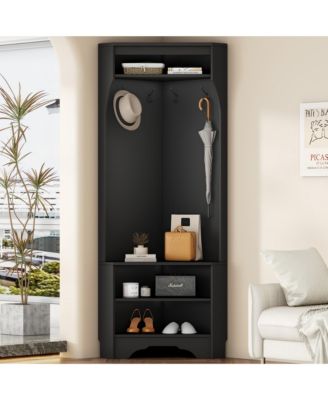 Corner Hall Tree - Versatile Entryway Coat Rack with 4 Hooks and Adjustable Shoe Shelf for Living Room, Hallway