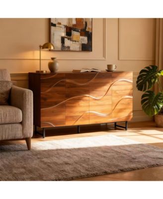 59" Modern Solid Wood Sideboard with Wave Relief & Iron Legs