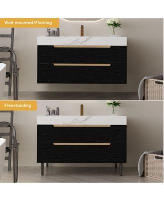 35.4" Modern Sintered Stone Bathroom Vanity, Free-Standing or Wall-Mounted, 4 Soft-Close Drawers, Undermount Sink