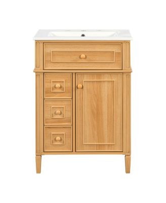 24" Freestanding Bathroom Vanity with Ceramic Sink, Solid Wood & MDF, Soft-Close Drawers, Flip-Out Storage for Modern Bathrooms