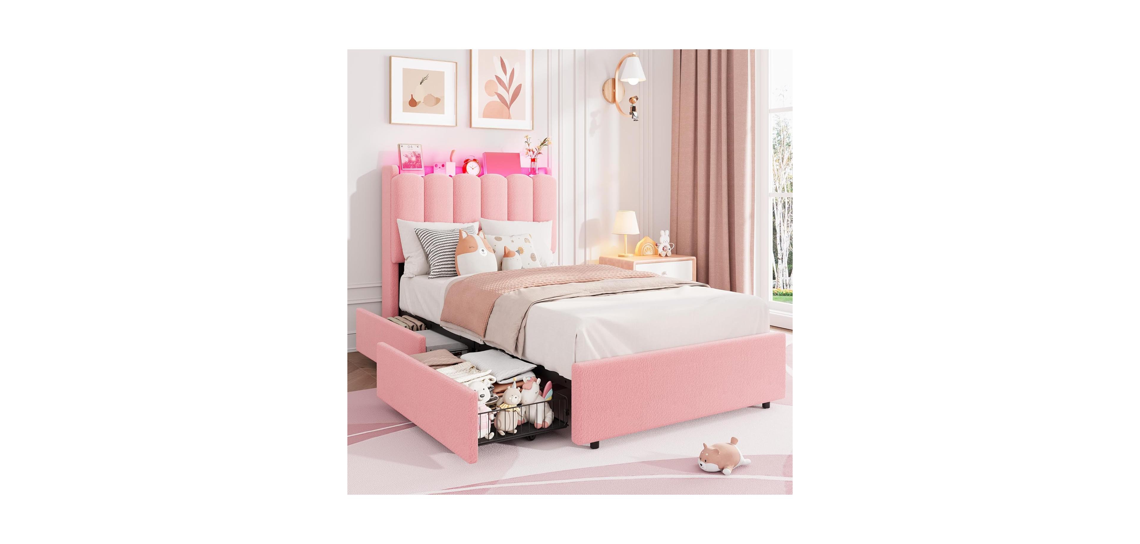 gaomon Twin Size Boucle Upholstered Platform Bed with Wavy Headboard, Storage Bookcase, 2 Drawers