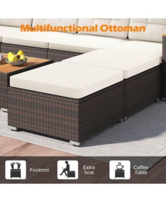 Set Of 7 Wicker Conversation Set w/ Seat and Back Cushions Wood Armrests and Tabletop