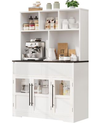 60'' Kitchen Pantry Cabinet, Tall Pantry Cabinet with Glass Doors, Large Kitchen Hutch with Storage Drawers, Farmhouse Kitchen Cabinet