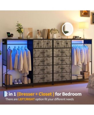 Dresser with Hanging Rack, Reversible 6 Drawers Dresser with Led Lights & Charging Station