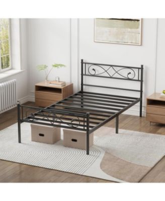Twin Metal Platform Bed Frame with Unique Design Headboard and Under-Bed Storage