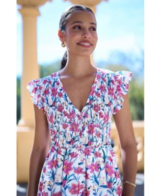 Women's Viscose Floral Ruched Waist Midi Dress