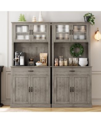 Kitchen Pantry Cabinet with Microwave Stand & Coffee Bar,Wooden Freestanding Hutch Cabinet with Adjustable Shelves and 4 Doors
