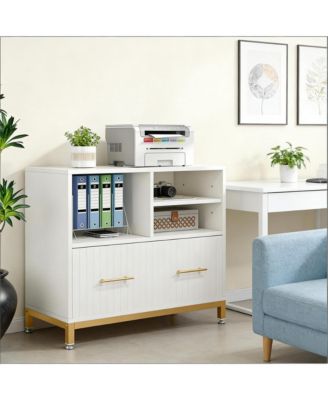 File Storage Cabinet for Letter/Legal/A4 Size Files, Modern Wood Lateral File Cabinet with Drawer and 3 Open Storage Spaces for Home Office