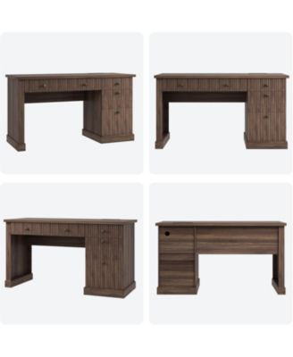 54" Fluted Executive Desk with Charging Station, Modern Home Office Writing Desk with File Drawers and Cabinet Storage