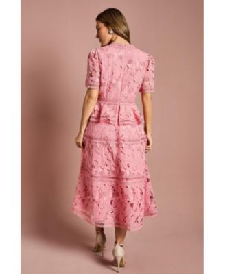 Women's V Neck Tiered Lace Midi Dress