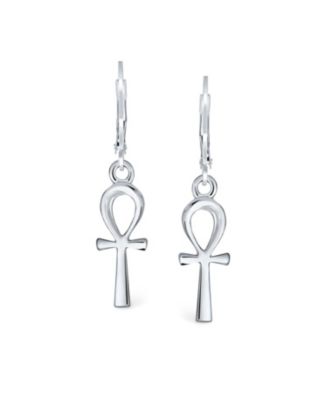 Religious Symbol of Life Ankh Cross Dangle  Earrings .925 Sterling Silver Lever Back