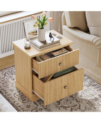 Fluted Nightstand with Drawers, Mid Century Modern Bedside Table, Light Wood Nightstand with Storage