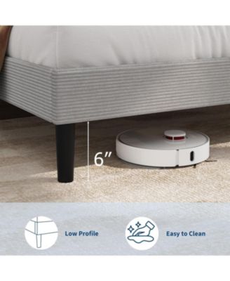 Queen Size Bed Frame with USB Charging Station, Corduroy Upholstered Platform Bed Frame with Adjustable Storage Headboard, Wooden Slats Support