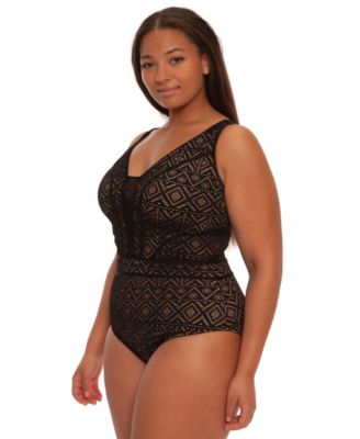 Plus Size Color Play Crochet Plunge One-Piece Swimsuit