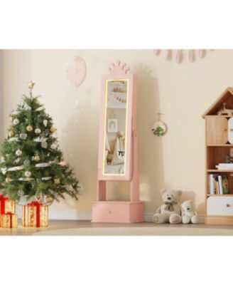 Kids Jewelry Armoire with Full-Length Mirror and LED Light, Child Jewelry Cabinet with 3 Storage Drawers