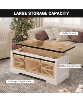  Lift Top Coffee Table, Multifunctional Table with Sliding Barn Door, Hidden Storage Compartment, Lifting Tabletop, Adjustable Shelf