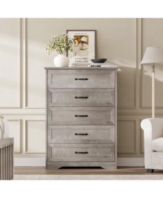 Farmhouse 5 Drawers Dresser for Bedroom,  Tall Chest of Drawer, Wooden Vertical Dresser with Metal Handles and Stable Base