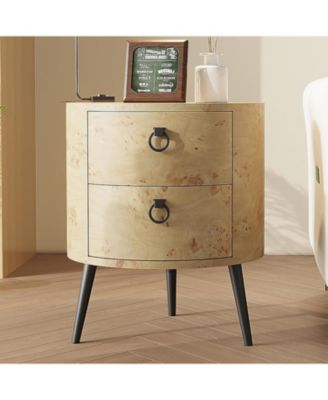 Modern Round Wood-Grain Side Table with 2 Drawers and Metal Legs