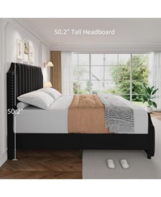  Velvet Bed Frame, 50.2 in Tall Headboard & Footboard, Upholstered Platform King Bed Frame with Nailhead Trim, No Box Spring Needed