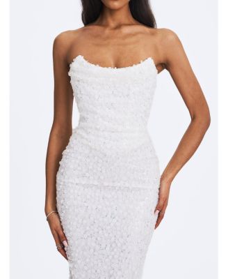 Women's Myra White Beaded Mesh Strapless Wedding Dress