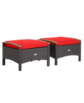 2PCS Patio Ottomans Wooden Handles Rattan Knitting Foot Pedal Red