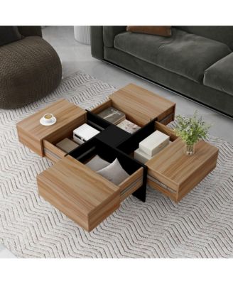 Coffee Table - Square Center Table with 4 Hidden Storage Compartments and Extendable Sliding Tabletop, High-gloss Design for Living Room