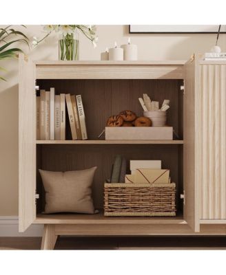 Fluted Cabinet with Storage Buffet Sideboard with Adjustable Shelves and Gold Handles for Living Room Entry and Kitchen Natural