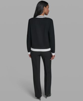 Women's Open-Front Long-Sleeve Knit Cardigan with Contrast Trim