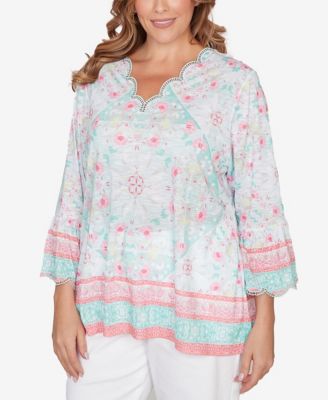 Plus Size Scalloped Neck Tapestry Print Knit Top