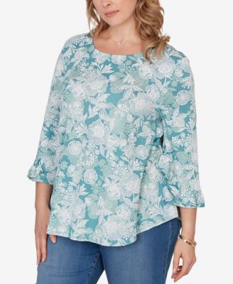 Plus Size Floral Puff Print Ruffle Knit Top