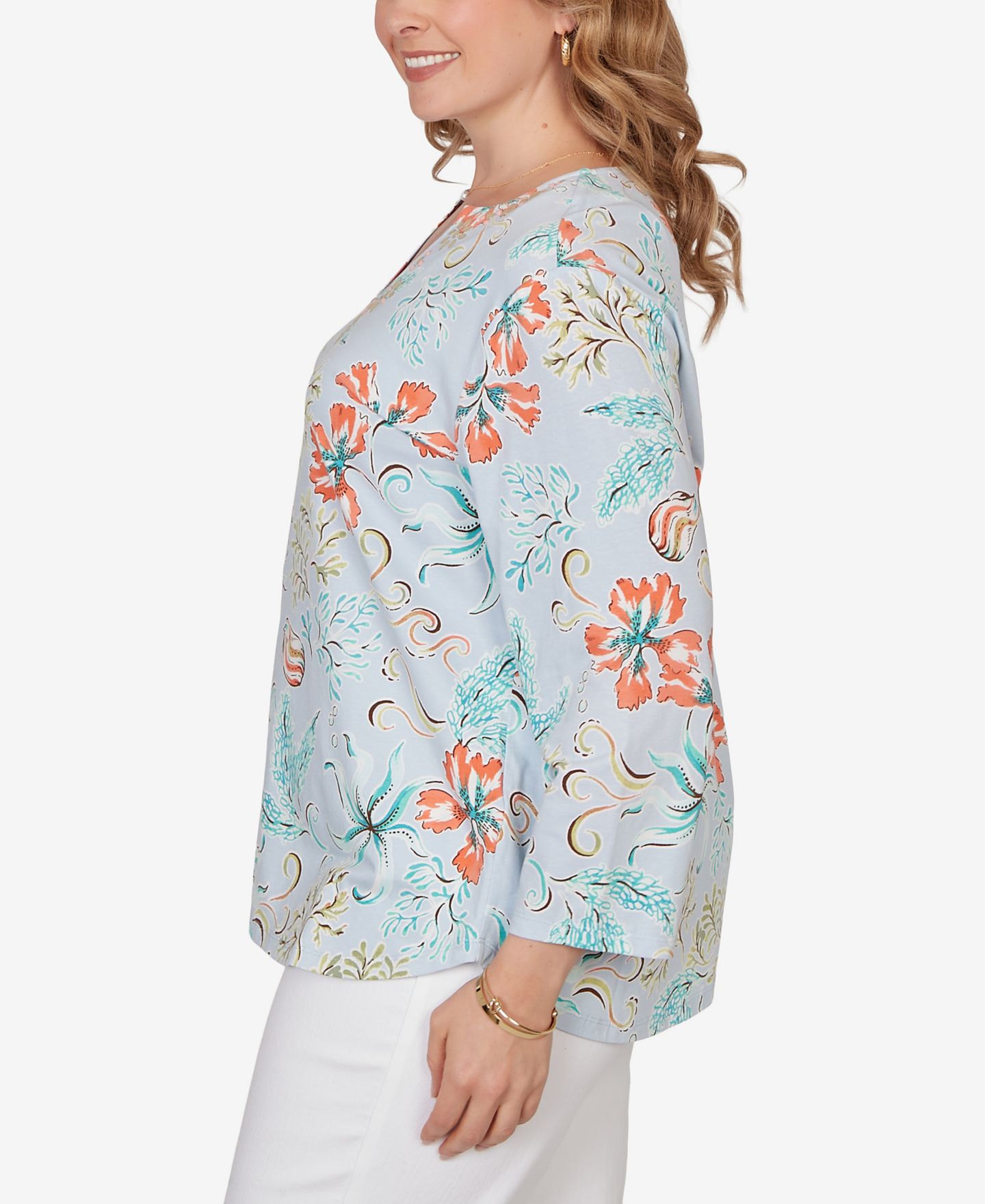 Женский топ Ruby Rd. Plus Size Embellished Oceania Floral Knit, цвет: Синий разноцветный — фото 4