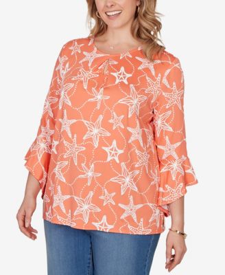 Plus Size Starfish Puff Print Flutter-Sleeve Top